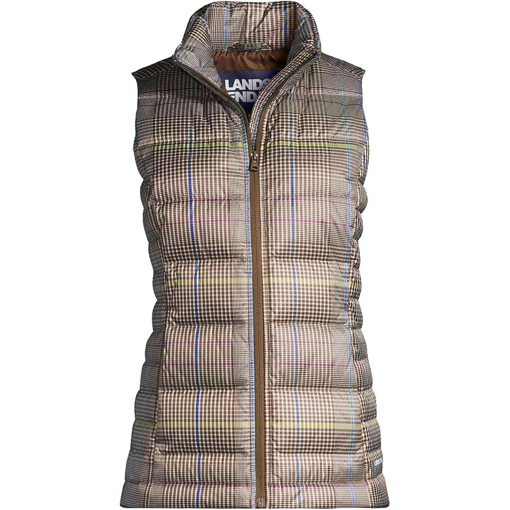 Lands' End Down Vest Light Brown Beige Glen Plaid size PS Petite 8 P6 P8 6P 8P